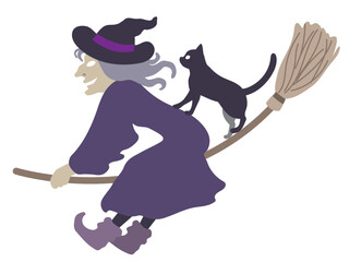 Halloween outlined vector illustration element of spooky, cute and fun flying wicked witch in purple costume, enjoying the ride with a black cat.