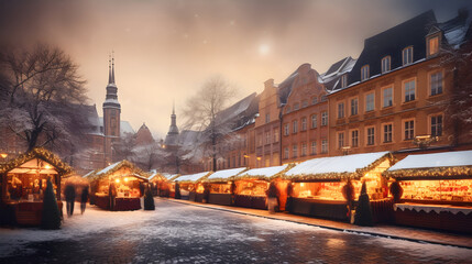 Evening view of the Christmas market in the snowy old town. Holiday citiscape.  - obrazy, fototapety, plakaty