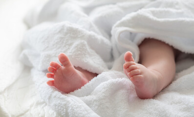 Delicate feet of a newborn under a towel's embrace. Concept of innocence and warmth