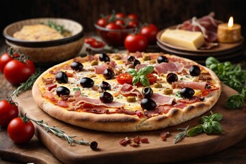 richly decorated Italian pizza (cheese slices, ham slices, olives, tomato slices, bacon slices, chili) with stuffed edges on a richly decorated dinner plate. Generative AI.