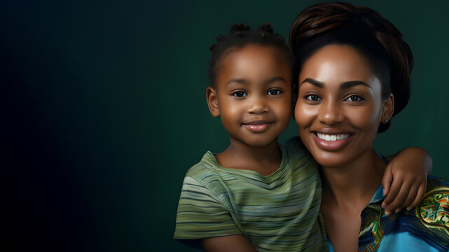 Portrait of happy african american woman holding cute little boy while looking at camera, isolated on dark green background, copy space, 16:9