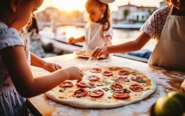 Kids are making a pizza in a family cafe with panoramic views of the waterfront. Generative AI