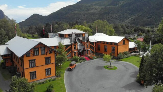 Aerial View Of Dalen Hotel And Dalen Hotel Van Still In Use In Telemark, Norway.