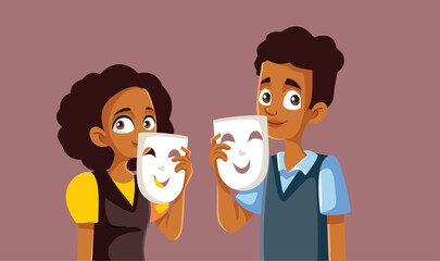 Teenagers Holding Smiling Theater Masks Enjoying Acting Vector Illustration. Teens attending acting club at school performing with props
