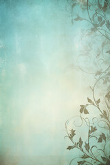 Fototapeta na wymiar Vertical background showing faded blues and greens and elegant flourishes on the right side