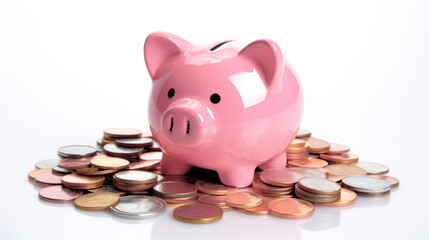 Pink piggy bank on a white background with coins piled around