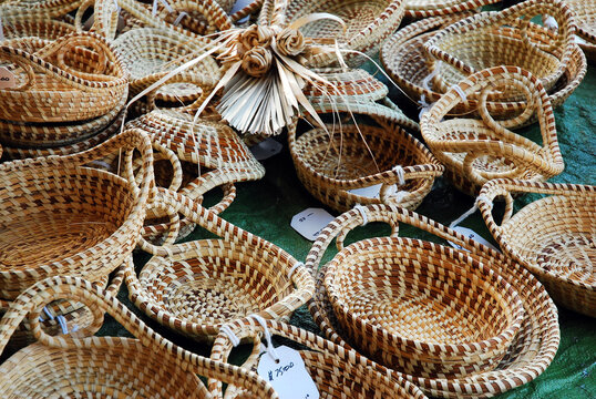 Handmade Sweetgrass, a South Carolina Low Country Gullah Traditional Craft, is on Display and for sale at Charleston's City Market