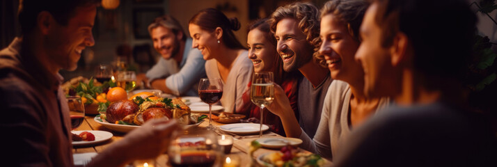 celebration, holidays and people concept - happy family and friends having dinner party at home	 - Powered by Adobe