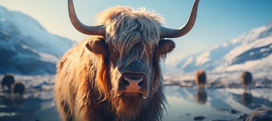 Wilderness highland cow at winter valley. Generative AI technology. - obrazy, fototapety, plakaty