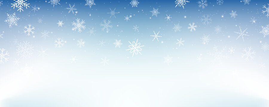 Pastel winter sky with snowflakes. Blue light color gradient. Fantasy soft blurred wallpaper. Vector Christmas landscape.