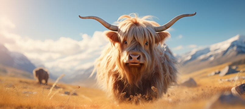 Highland cow at mountain valley. Generative AI technology. - Powered by Adobe