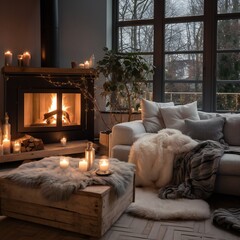 cozy scandinavian bedroom interior in natural tones, candles in eveining - obrazy, fototapety, plakaty