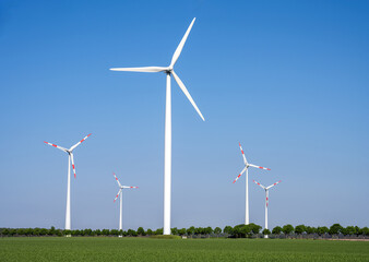 Modern wind turbines in a rural landscape with blue skies seen in Germany