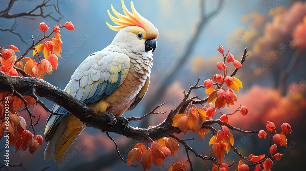 Wall mural  a colorful bird perched on a tree branch with red flowers.  generative ai