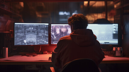 Obraz premium Young programmer is operating multiple workstations in server room, AI generative