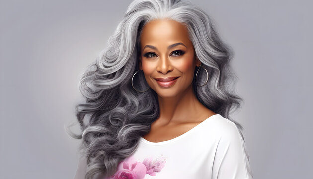 Beautiful black woman with smooth healthy face skin. Gorgeous aging mature woman with long gray hair and happy smiling. Beauty and cosmetics skincare advertising concept.