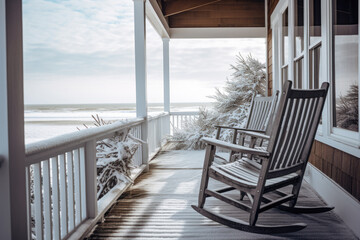 Chairs on the front porch of a house with a snowy background - obrazy, fototapety, plakaty
