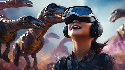 Fotobehang Girl sees powerful world of dinosaurs in VR © Doraway