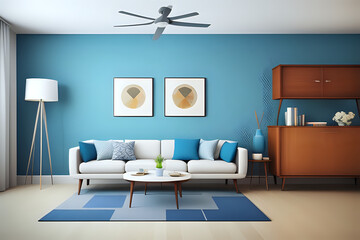 Mid century modern interior design of living room and blue wall pattern background, 3d rendering. Modern living room