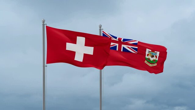 Switzerland flag and Bermuda or Somers Isles flag waving together on cloudy sky, endless seamless loop