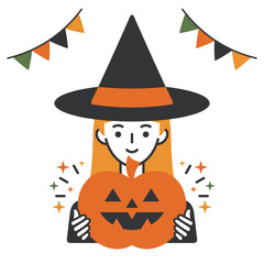 魔女の仮装をする女性＆かぼちゃのおばけ