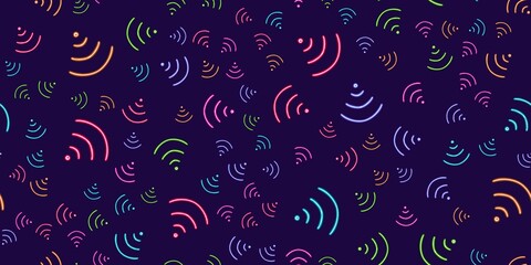 seamless pattern communication glowing desktop icon, neon wi-fi sticker, neon internet figure, glowing figure, neon geometrical figures 