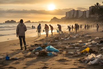 A group of volunteers gather to clean up the beach. - obrazy, fototapety, plakaty