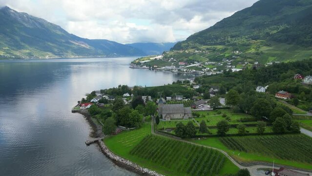 Ullensvang Village at Hardangerfjord, Vestland, Norway - Aerial
