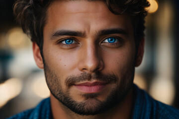 Fototapeta premium A unique and captivating close up portrait of a man with heterochromia, his eyes a stunning contrast of deep brown and bright blue.
