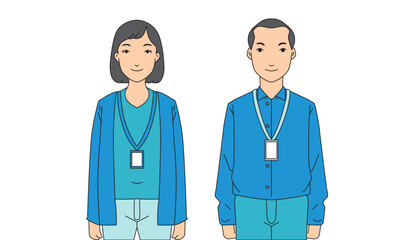 Fototapeta premium Vector illustration of female and male employee wearing lanyard. Handdrawn flat character avatar