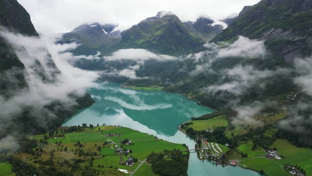 Oldevatnet Glacier Lake and Camping in Loen, Vestland, Norway - Aerial