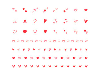 手書きのハートの飾り罫・アイコンのセット　赤　ベクター　Hand drawn heart line and icon set