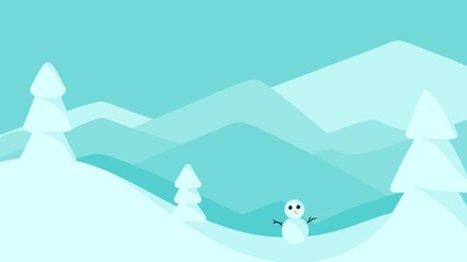 Christmas illustration and winter landscape with house and snowman