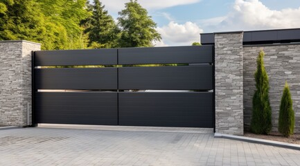 Wide automatic sliding gate with remote control. Security and protection concept. - obrazy, fototapety, plakaty