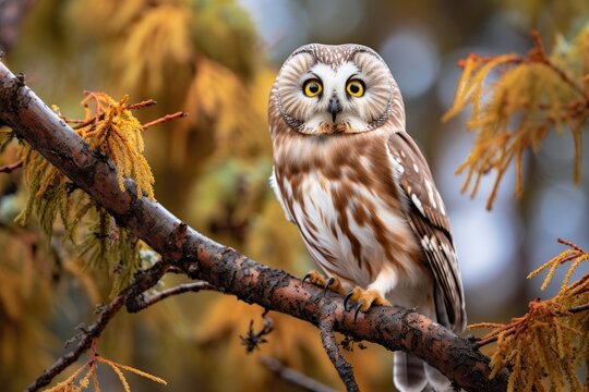 Portrait of a northern saw whet owl in a tree.
