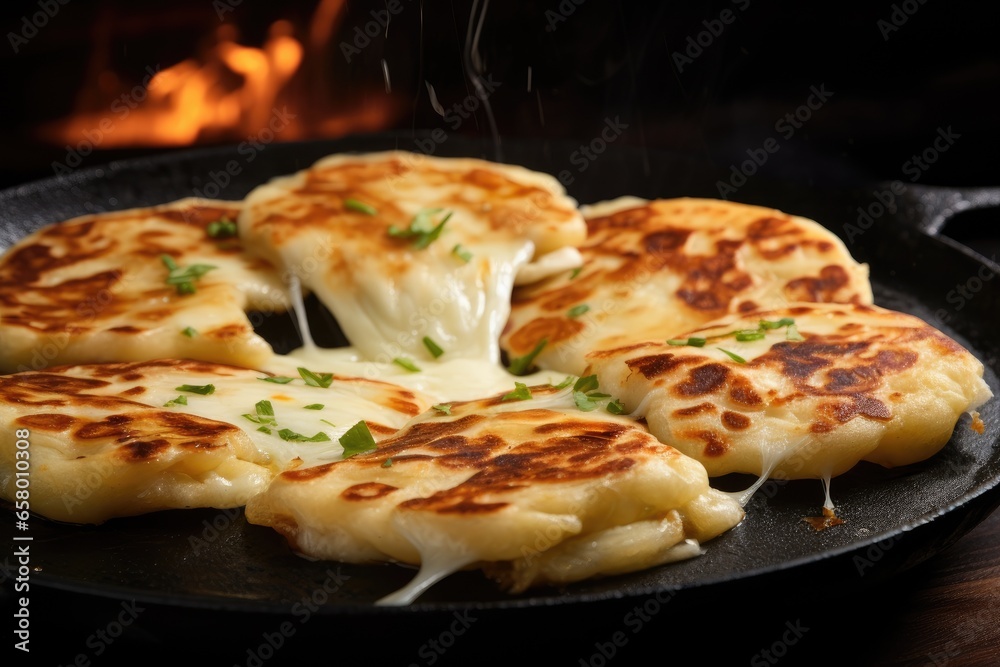 Wall mural Frying flatbread filled with fresh herbs and cheese. Khychiny or qutab.