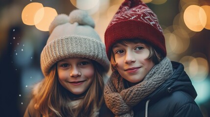 A portrait romantic of cute young couple boy and girl wearing wool hat in the winter season on bokeh background. Generative Ai - obrazy, fototapety, plakaty