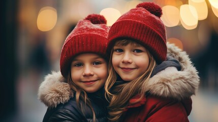 Fototapeta premium Two little girls wearing wool hat in winter season,Christmas day and New Year. Generative Ai
