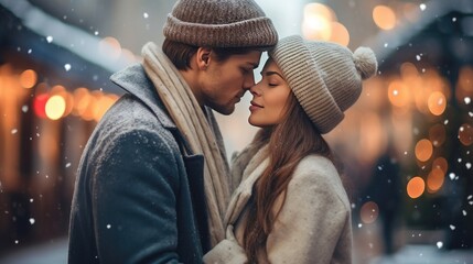 The romantic of young couple in love with wearing wool hat in the winter season on bokeh background. Generative Ai