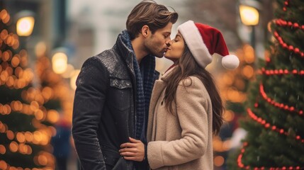 The romantic of young couple in love and enjoying moment, wearing santa hat at the night Christmas in the winter season on night bokeh background. Generative Ai