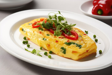 Delicious omelet made with vegetables, served on white plate. Perfect for breakfast or brunch.