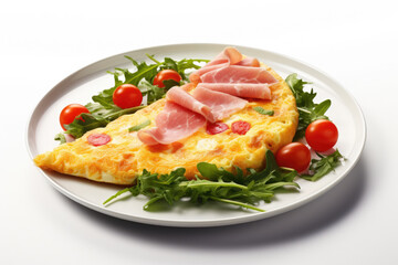 Fototapeta na wymiar Delicious omelet topped with fresh tomatoes served on white plate. Perfect for breakfast or brunch.