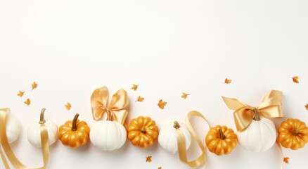 Autumn card with ribbon and pumpkins.