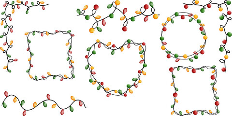  Set of glowing christmas lights and festive ornaments in hand painted design. Christmas lights collection.