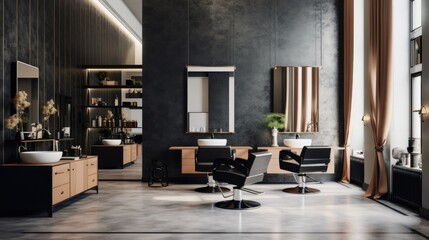 Hair salon in black and white interior with high ceiling. - obrazy, fototapety, plakaty