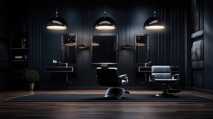 Hairdressing salon with black walls, black floor and black lamps.