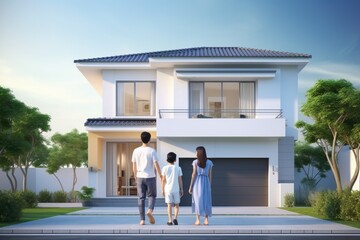 Happy young family standing looking of new house with young girl.