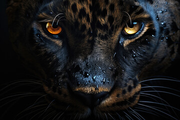 Close-up view of leopard's face with striking yellow eyes. This image captures intense gaze of leopard, showing its powerful presence. Ideal for wildlife enthusiasts and nature-themed projects.