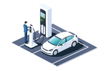 Isometric diagram a man using the car charger cable electric.