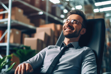 Man is sitting in chair in warehouse. This image can be used to represent variety of concepts such as solitude, contemplation, or industrial settings.